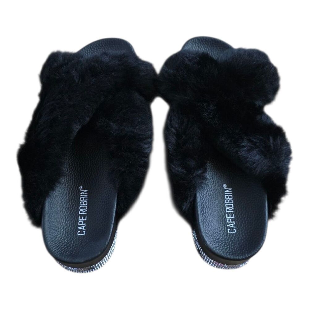 Cape Robbin Black Rhinestone Furry Criss-cross Spotty platform Sandals 10